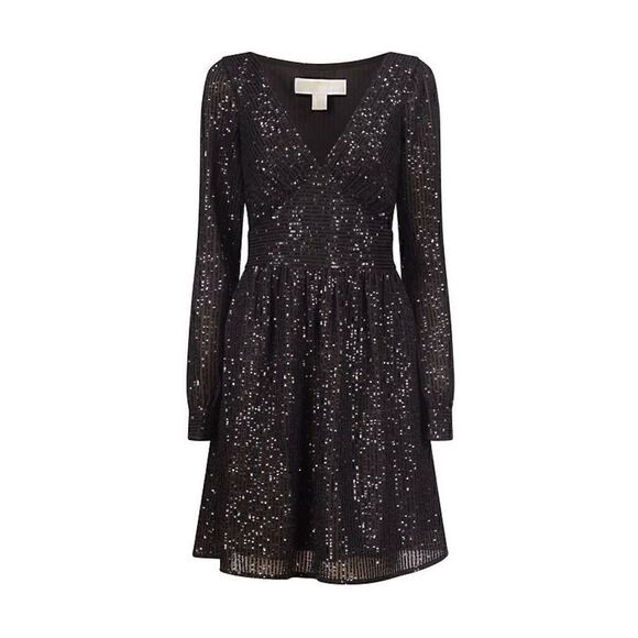 🖤✨ MICHAEL KORS Black Sequin Stripe Long Sleeve V-Neck Dress SIZE M $195 NWT - Picture 7 of 17